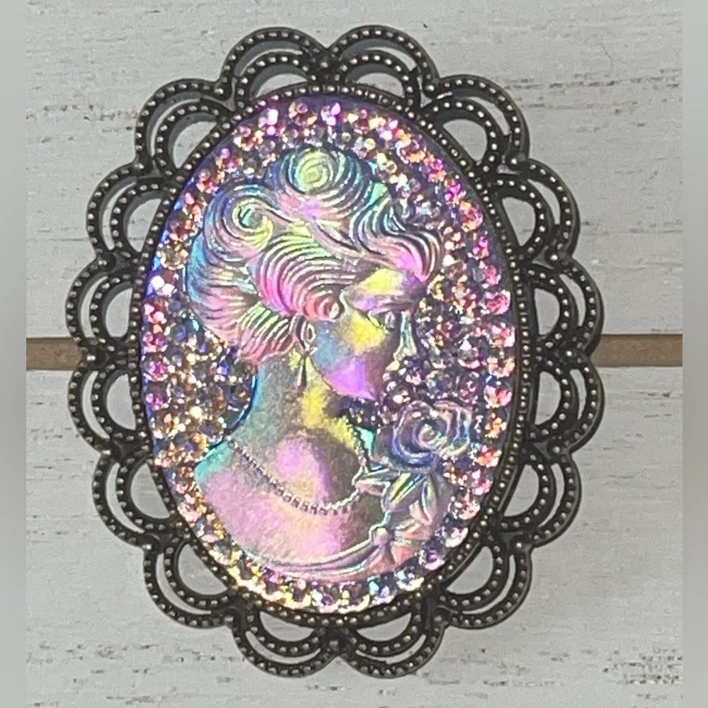 Iridescent Purple, Pink, Woman Victorian, Cameo Statement Brooch, Lapel Pin
